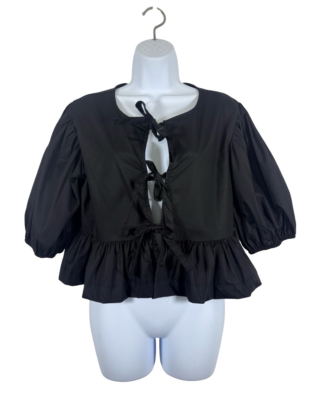 HYFVE Black Tie Front Peplum Top Puff Sleeve Crop Blouse Medium